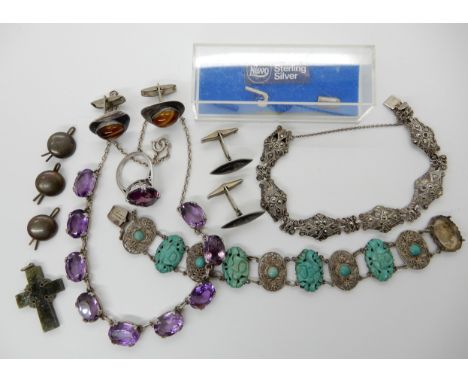 A silver amethyst necklace, a Chinese carved turquoise bracelet and other items Condition Report: Not available for this lot