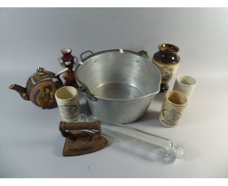 An Aluminium Jam Pan Containing Glass Rolling Pin, Oriental Tea Pot, End of the Day Glass Vase Etc 