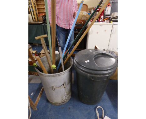Two Bins Containing Hose Reel, Garden Tools Etc