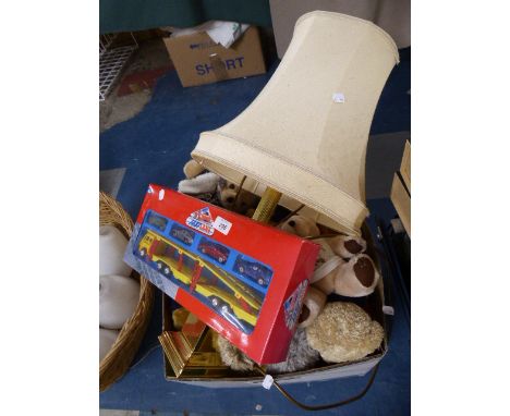 A Box Containing Soft Toys, Car Transporters Set, Brass Table Lamp Etc