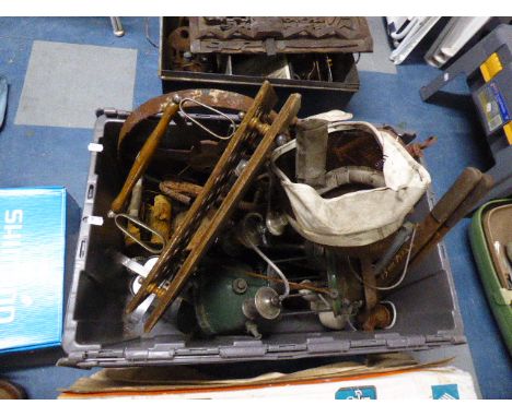 A Box Containing Metal Wares to Include Pipe Vice, Hurricane Lamps, Tools, Scales, Etc