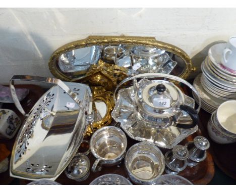 A Tray of Silver Plate to Include Three Piece Tea Service, Cruet Set, Basket, Framed Mirrors Etc