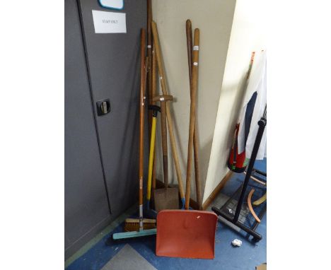 A Collection of Garden Tools to Include Snow Shovel, Rake, Spade etc