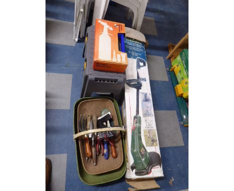 A Electric Strimmer, Garden Tools, Tool Box and Blow Torch 