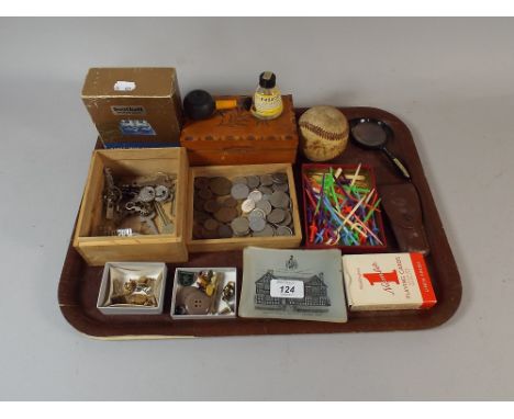 A Tray of Curios to Include Baseball Ball, Coins, Costume Jewellery, Playing Cards etc