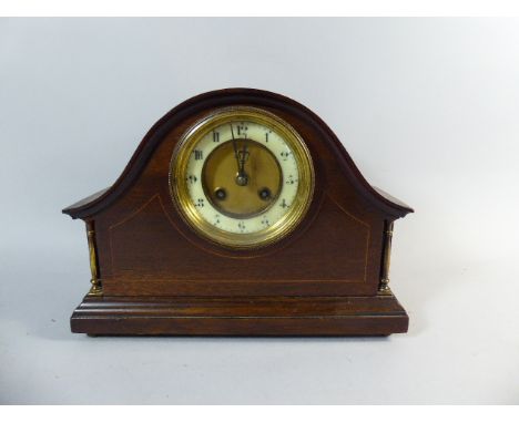 An Edwardian Inlaid Mahogany Mantle Clock with Eight Day Movement and Ormolu Decoration, 22cm High