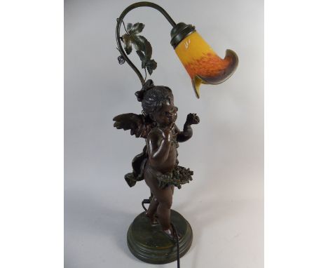 A Bronze Effect Figural Table Lamp in the Form of a Winged Cherub, 60cm High 