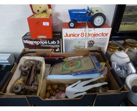 A Collection of Vintage Toys to Include Dean's, Jack in The Box Teddy, Diecast Ford Tractor, Tin Plate Friction Driven Sports