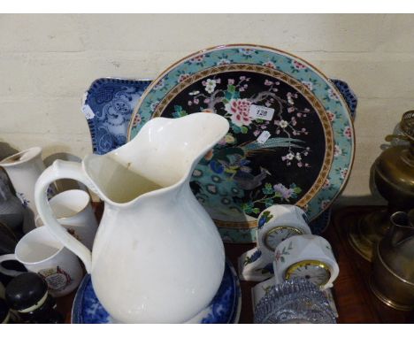 A Tray of Ceramic to Include Two Aynsley Clocks, Flow Blue and Other Plates, Decorated Oriental Peacock Plate etc