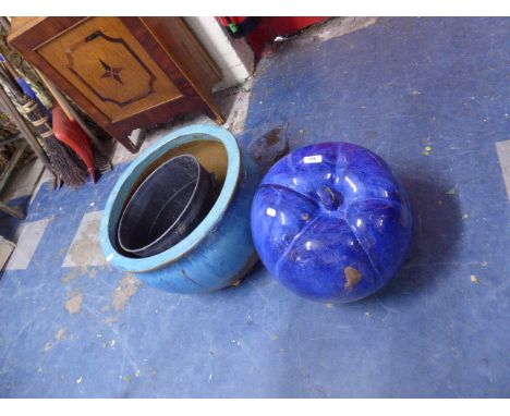A Blue Glazed Ceramic Patio Ornament in the form of Fruit and a Glazed Circular Planter 