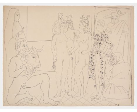 Pablo Picasso (Malaga 1881 – 1973 Mougins)Les trois Femmes et le ToreroKreidelithographie. 1954. 50,5 x 66,2 cm. Unbezeichnet