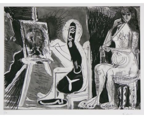 Pablo Picasso (Malaga 1881 – 1973 Mougins)Peintre avec le Portrait d`un jeune Garcon, dans son AtelierRadierung mit Aquatinta