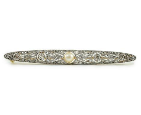 An early 20th century Belle Epoque, gold and platinum, pearl and millegrain set round and rose cut diamond navette shaped bar