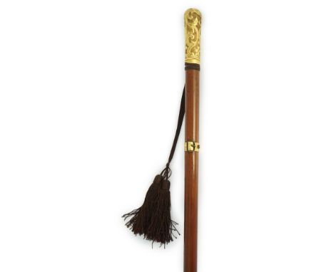 A 19th century French gold mounted hardwood swordstick, with concealed blued steel stiletto blade, 86cm long***CONDITION REPO