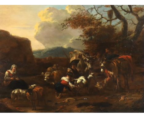 Jan Frans Soolmaker (Flemish, 1635-1685) A pastoral landscape with cattle, goats, sheep and figuresoil on panel, cradled36 x 