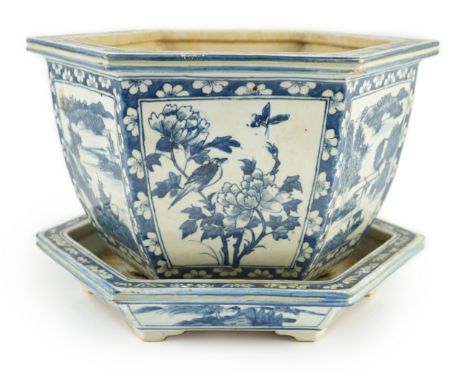 A Chinese hexagonal blue and white planter and underdish, 19th century, painted with alternating panels of figures in river l
