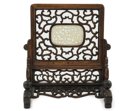 A small Chinese jade mounted hongmu tablescreen, late 19th/early 20th century, the central oblong white jade plaque carved in