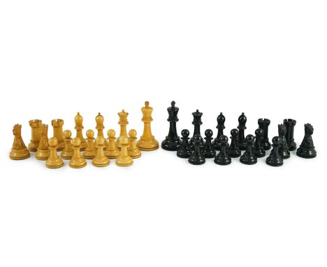 A Jaques &amp; Son Staunton pattern ebony and boxwood chess set, in original box, Kings 9.5cm***CONDITION REPORT***Overall lo
