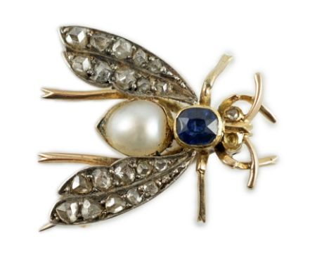 A late Victorian gold, sapphire, baroque pearl and rose cut diamond set bug brooch, 23mm, gross weight 4.2 grams.***CONDITION