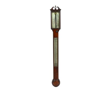 J. Blunt of London. A Regency mahogany stick barometer, with silvered scale and thermometer, 13cm wide, 98cm high***CONDITION