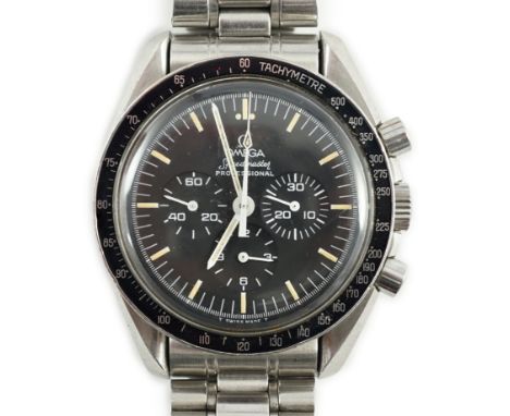 A gentleman's 1980's stainless steel Omega Speedmaster Professional 'The First Watch Worn On The Moon', manual wind wrist wat