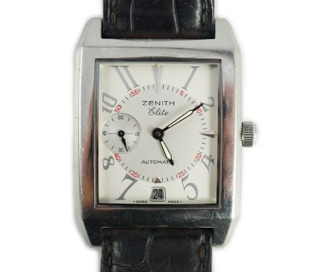 A gentleman's stainless steel Zenith Elite Port Royal V automatic rectangular dial wrist watch, with Arabic dial, subsidiary 