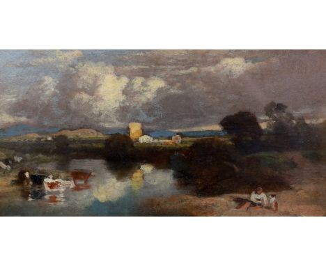 Circle of John Constable R.A. (British, 1776-1837) Figures and cattle in a lakeside landscapeoil on board14.5 x 17.5cm***COND