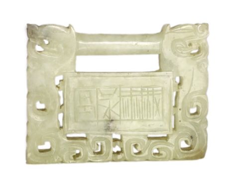 A Chinese speckled white jade ‘lock’ pendant plaque, 19th/20th century, one side carved with a boat by a tree, the other with