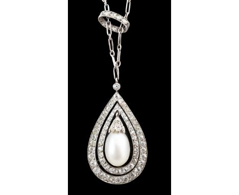 An early 20th century platinum, cultured? pearl and diamond cluster set pear shaped drop pendant necklace, the pearl bordered