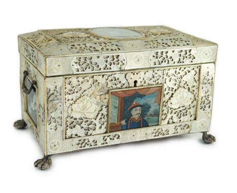 A rare Chinese export mother-of-pearl and reverse painted glass mounted casket, late 18th century, the cover and front panel 