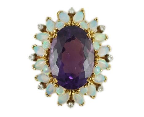 A modern 18ct gold and oval cut amethyst set pendant, with round and marquise cut white opal and round cut diamond set border