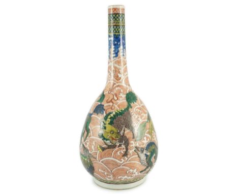 A Chinese famille verte ‘mythical creatures’ bottle vase, 19th century, painted in colours with various mythical creatures on