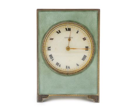 A George V silver and green guilloche enamelled travelling timepiece, retailed by Asprey, in original case, with Roman dial, 