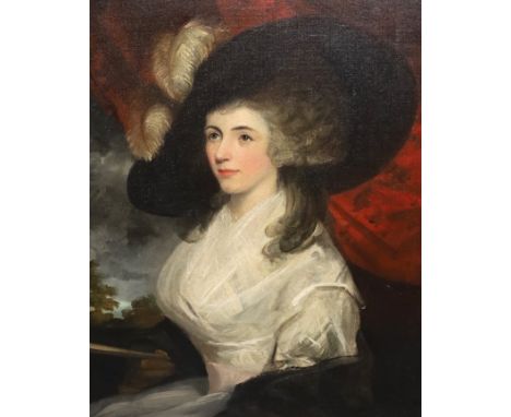 Circle of George Romney (British, 1734-1802) Portrait of a lady, seated, wearing a white dress and a black hatoil on canvas75