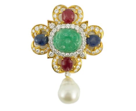 A late 20th century 18k gold ‘four leaf clover’ emerald, cabochon sapphire, cabochon ruby and baroque pearl set drop pendant 