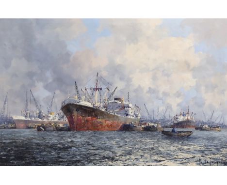 Marinus Johannes de Jongere (Dutch, 1912-1978) oil on canvasShipping in Rotterdam harboursigned60 x 90cm***CONDITION REPORT**