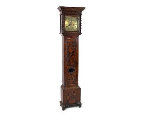 A William and Mary floral marquetry and walnut eight day longcase clock, the 11 inch square brass dial with Roman chapter rin