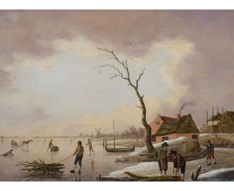 Attributed to Hendrik Willem Schweickhardt (German, 1746-1797) Winter landscape with skaters on the iceoil on wooden panel23 