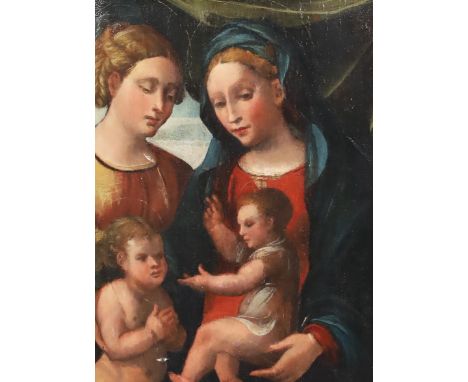 Follower of Girolamo dai Libri (Italian, 1474-1555) Madonna and child with angel and John the Baptistoil on wooden panel49 x 
