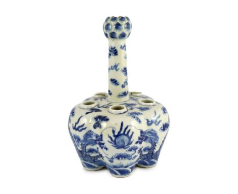 A Chinese blue and white ’dragon’ tulip vase, 19th century, painted with two confronting four claw dragons chasing a flaming 