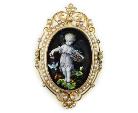 A Victorian oval gold and enamel pendant/brooch, painted with a cherub offering cherries to a dove, within a black and split 