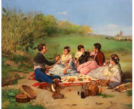 J. Ruiz (Spanish, 19thC) 'A Spanish Picnic'oil on mahogany panelsigned and dated Seville 188137 x 45cm***CONDITION REPORT***O