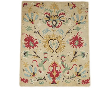 An 18th century Greek figural embroidery, possibly from a larger panel, embroidered in polychrome silk thread interwoven flow