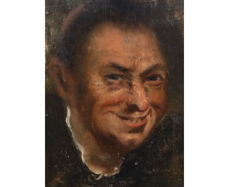 17th century Italian School Head of a laughing manoil on paper laid down on wood30 x 22cm,  in a contemporary gilded wood fra