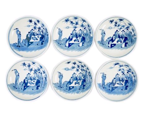 A set of six Chinese ‘Seven Sages of the Bamboo Grove’ saucer dishes, Kangxi marks but late 19th century, seven of the sages 