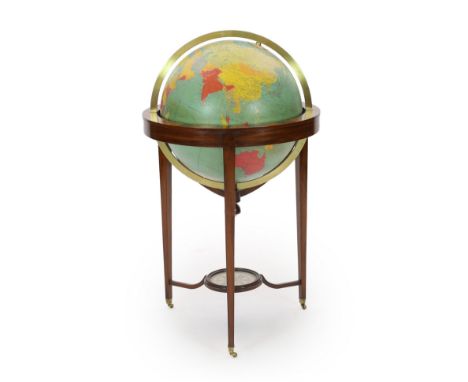 A 20th century Philips 19 inch terrestrial globe, with lacquered brass mounts, parquetry and mahogany frame and compass to th