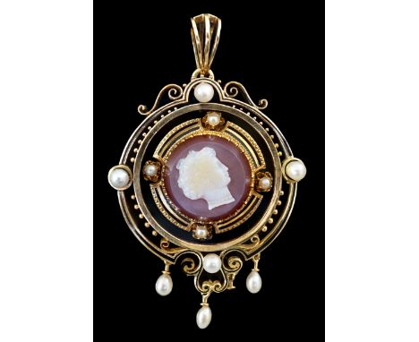 A Victorian gold, pearl, black enamel, and sardonyx hardstone cameo set drop pendant, the cameo carved with a bust to siniste