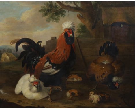Manner of Melchior d'Hondecoeter (Dutch, c.1636-1695) A cockerel, chickens and chicks in a farmyardoil on canvas70 x 86cm***C