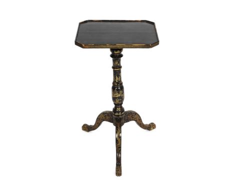 A Chinese export gilt-decorated black lacquer wine table, c.1840, the canted rectangular top above a turned stem decorated wi