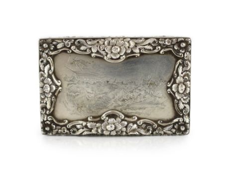 An unusual early Victorian silver rectangular snuff box, commemorating Grace Darling, engraved with a panel depicting the her